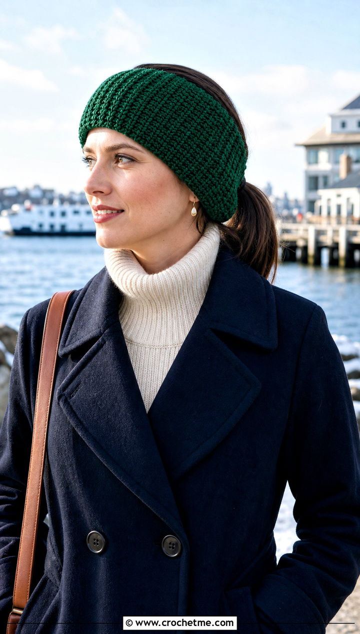 Tunisian Knit Look Crochet Ear Warmer With Peacoat - 25 Beginner Crochet Ear Warmer outfit ideas