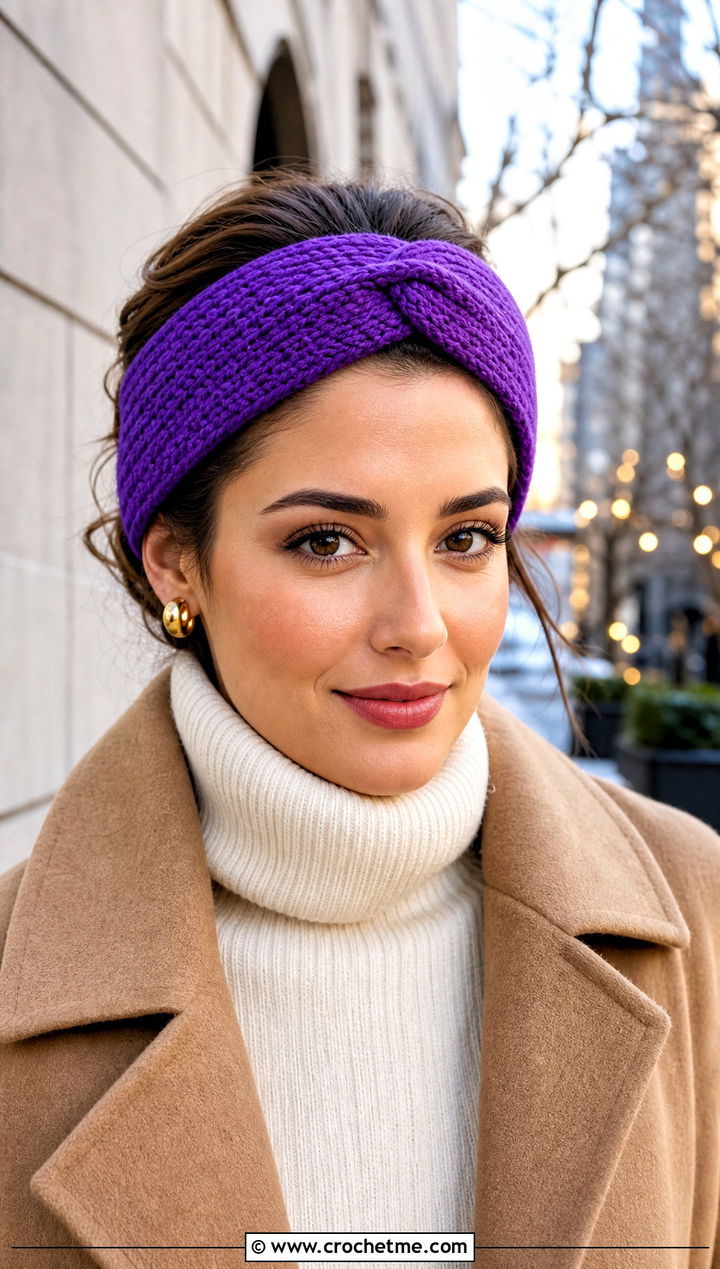 Tunisian Knit Look Crochet Twist Headband With Wool Coat - 30 crochet twist headband outfit ideas