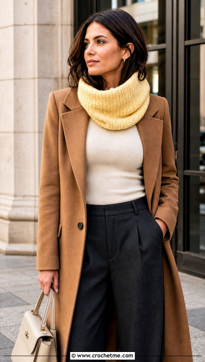 Tunisian Knit Stitch Cowl With Tailored Coat - 15 Tunisian Crochet Cowl outfit ideas
