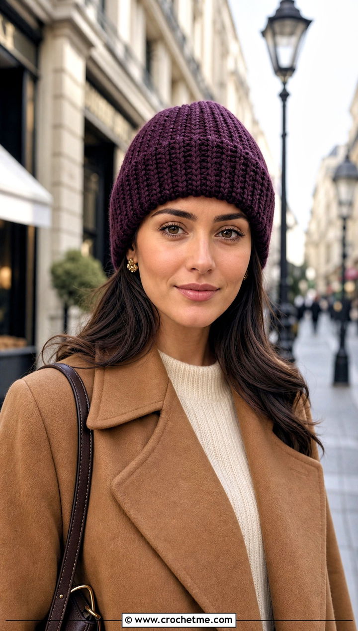 Tunisian Knit Stitch Crochet Beanie With Camel Coat - 30 knit look crochet beanie outfit ideas
