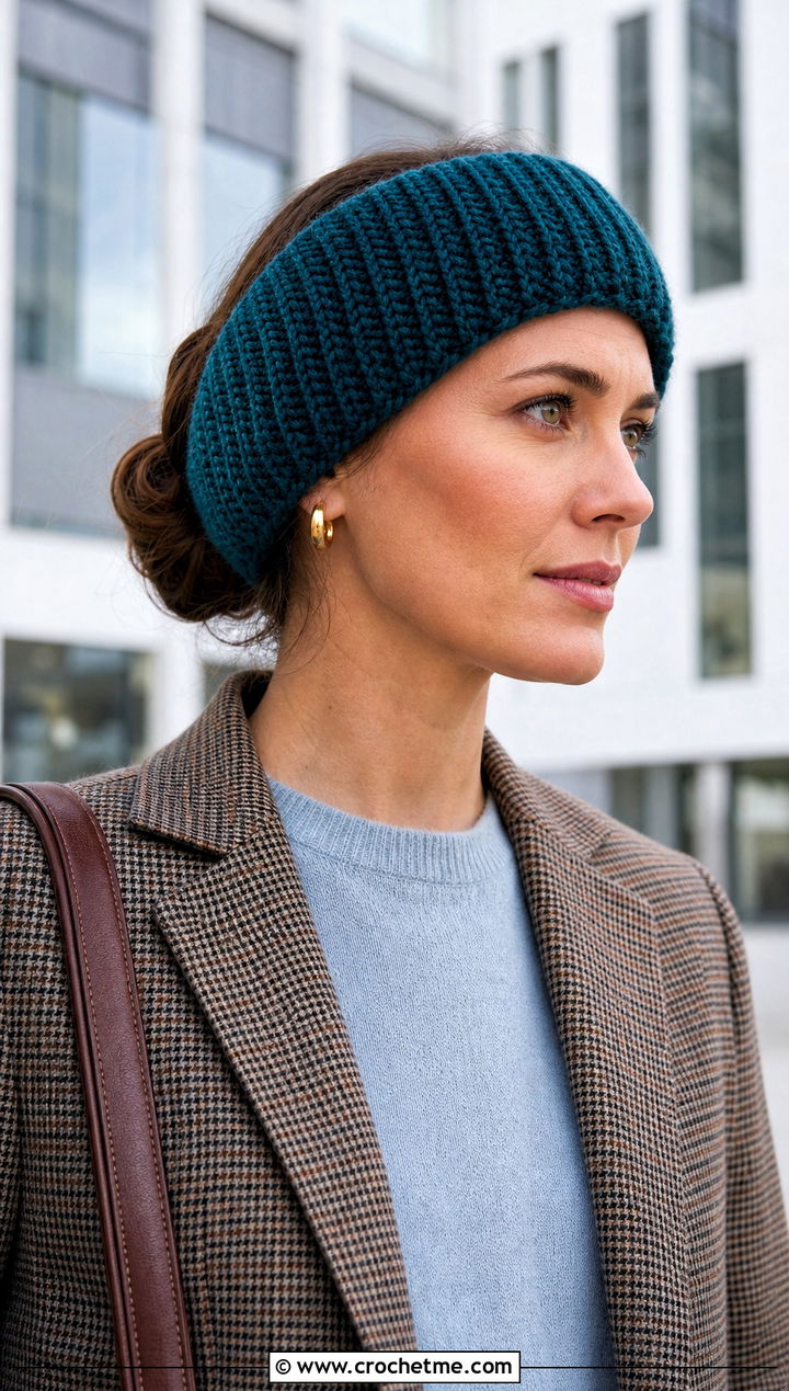Tunisian Knit Stitch Crochet Ear Warmer With Blazer - 25 Diy Crochet Headband Ear Warmers outfit ideas
