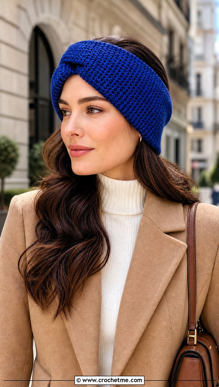 Tunisian Knit Stitch Earwarmer With Tailored Coat - 15 Tunisian Crochet Earwarmer outfit ideas