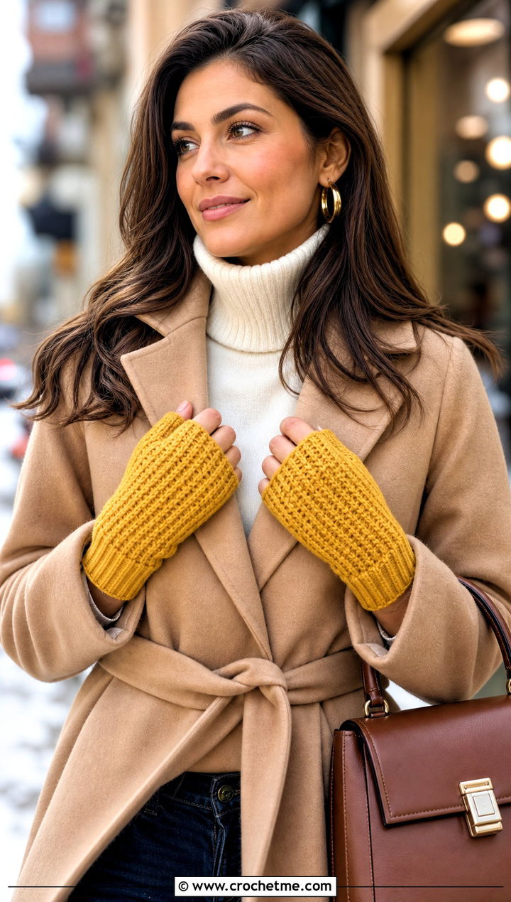Tunisian Knit Stitch Fingerless Gloves With Camel Coat - 25 tunisian crochet fingerless gloves outfit ideas