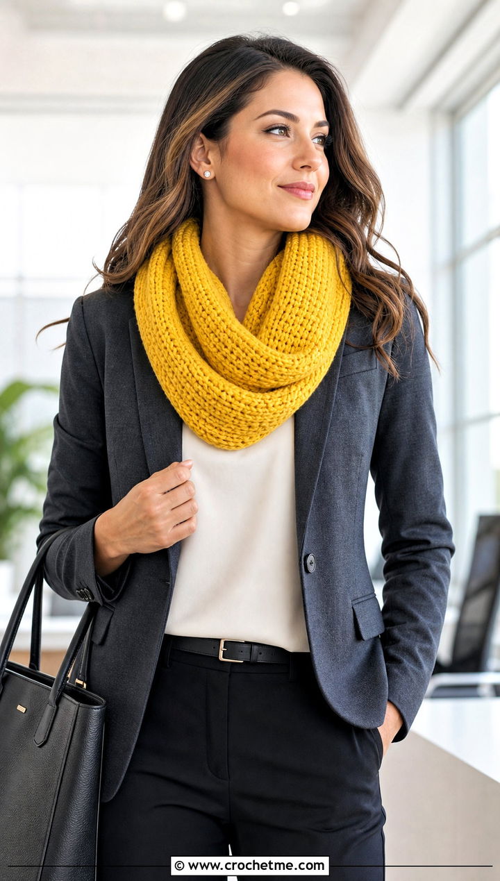 Tunisian Knit Stitch Infinity Scarf With Blazer And Trousers - 15 Tunisian Crochet Infinity Scarf outfit ideas