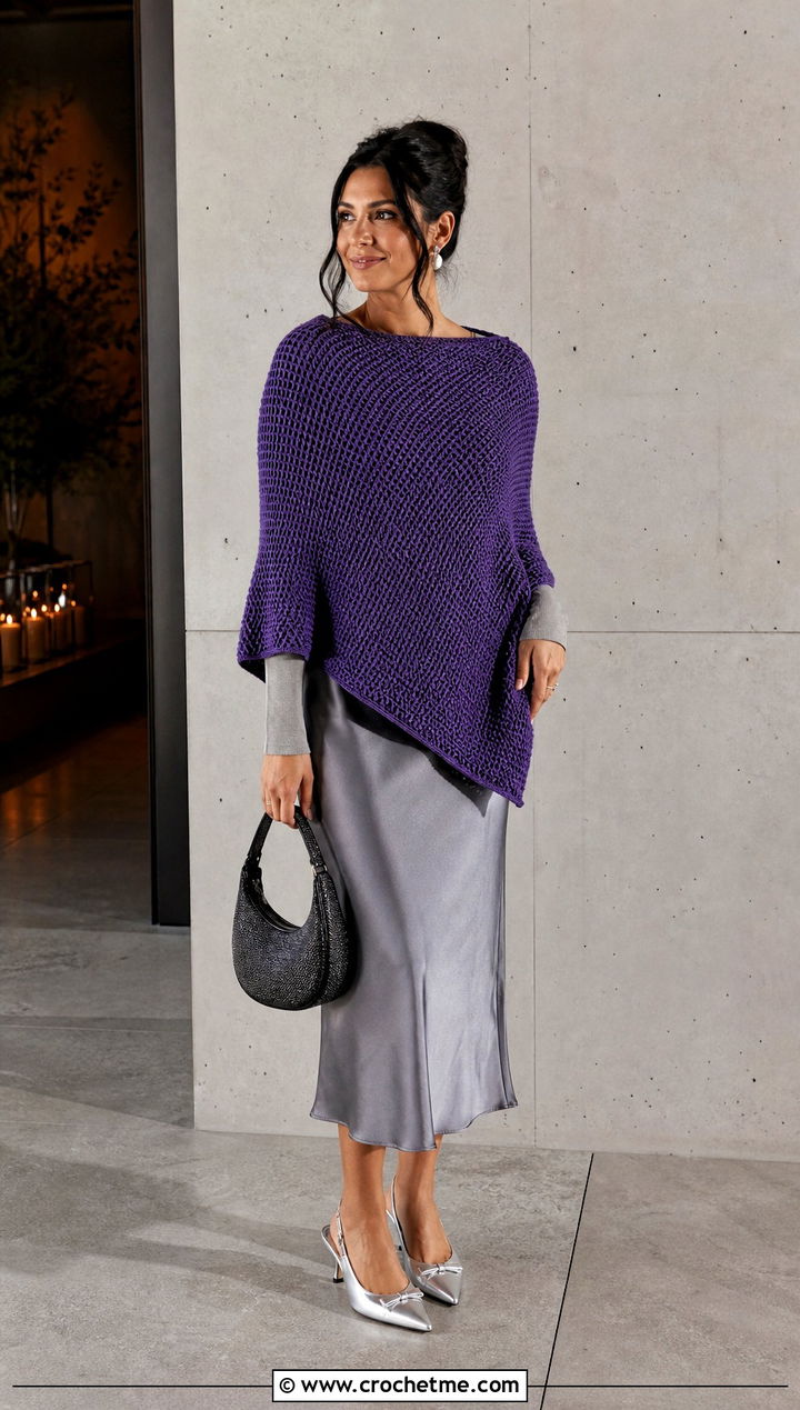 Tunisian Knit Stitch Poncho With A Slip Skirt - 30 tunisian crochet poncho outfit ideas