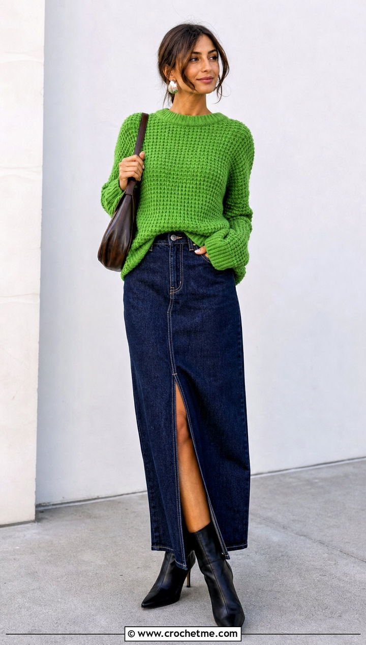 Tunisian Knit Stitch Pullover With Denim Maxi Skirt - 25 Tunisian Crochet Pullover outfit ideas