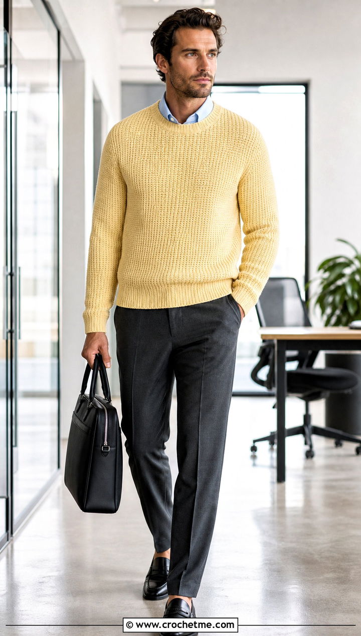 Tunisian Knit Stitch Pullover With Tailored Trousers - 15 Tunisian Crochet Mens Sweater outfit ideas