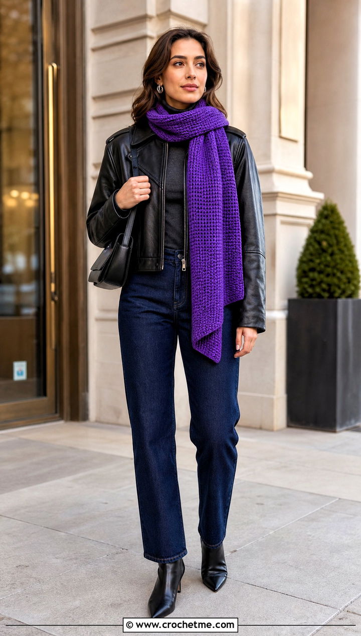 Tunisian Knit Stitch Scarf With Leather Jacket - 35 tunisian crochet scarf outfit ideas