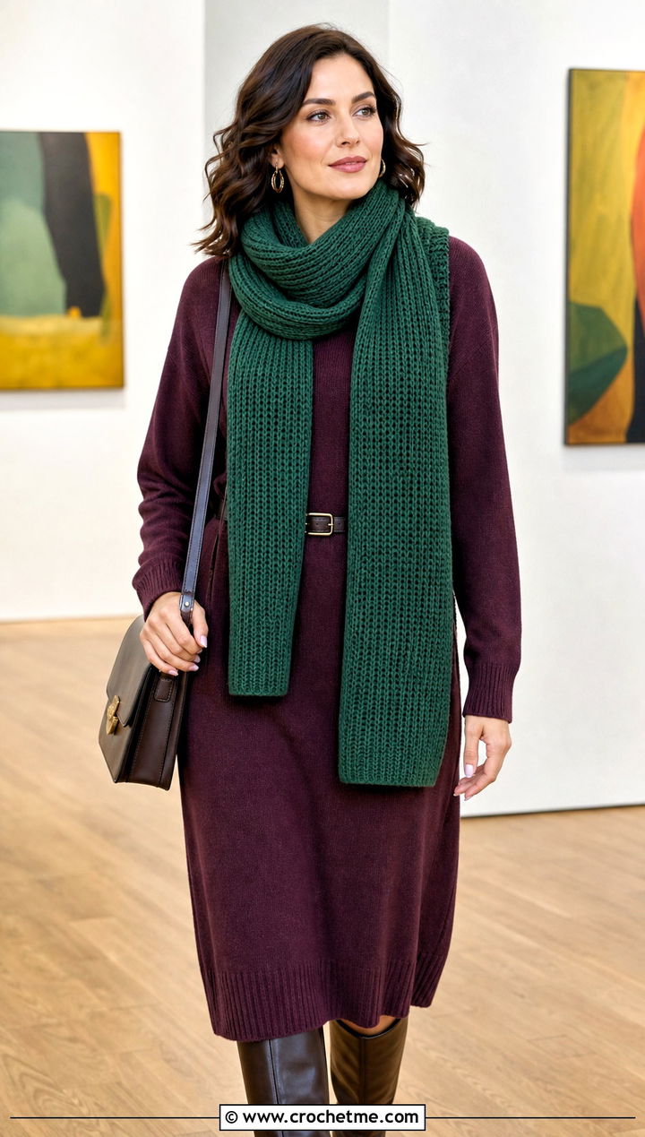 Tunisian Knit Stitch Scarf With Sweater Dress and Knee Boots - 20 Easy Tunisian Crochet Scarf outfit ideas