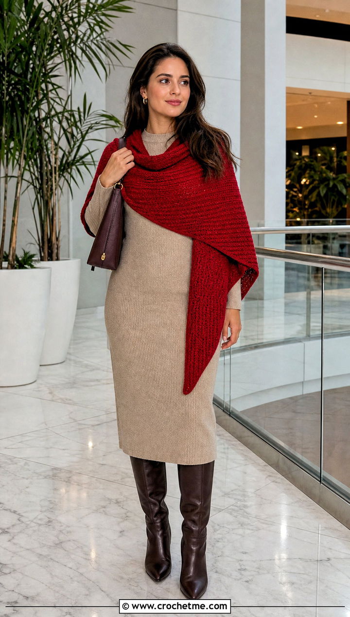 Tunisian Knit Stitch Shawl With Sweater Dress - 35 tunisian crochet shawl outfit ideas