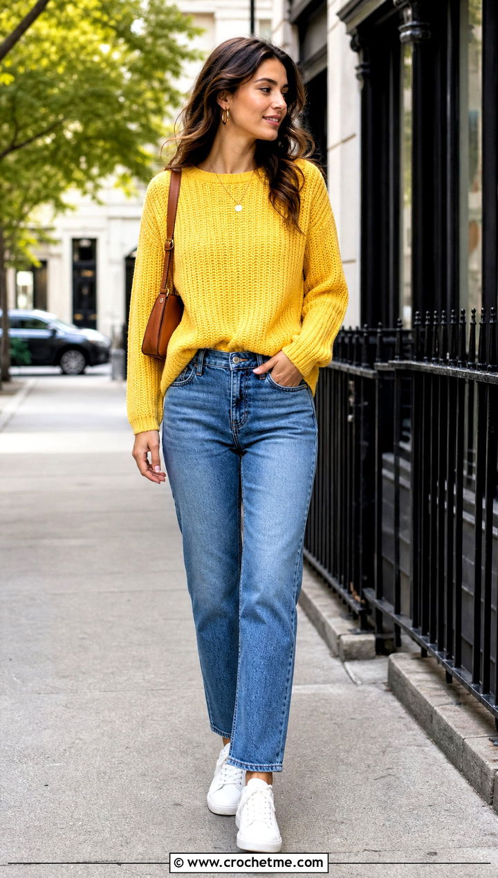 Tunisian Knit Stitch Sweater With Straight Leg Jeans - 35 tunisian crochet sweater outfit ideas