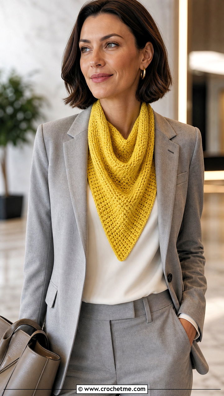 Tunisian Knit Stitch Triangle Shawl With Blazer And Trousers - 25 Tunisian Crochet Triangle Shawl outfit ideas
