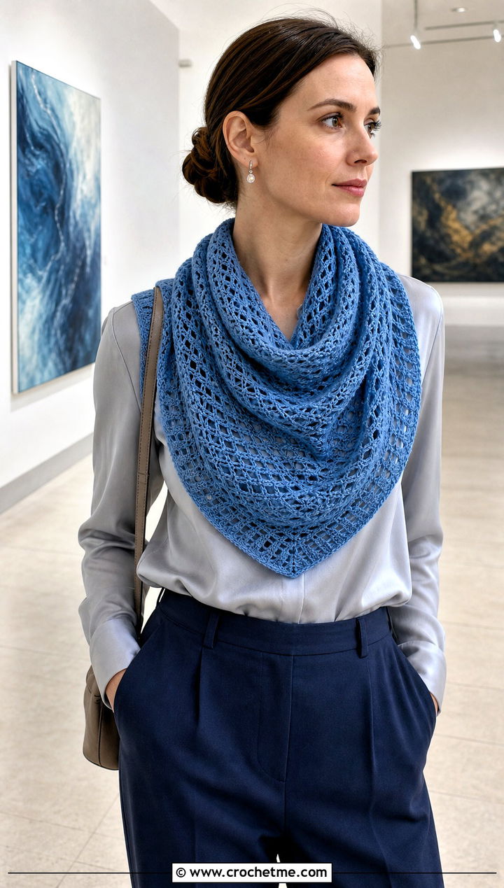 Tunisian Lace Cowl With Satin Blouse And Trousers - 15 Tunisian Crochet Cowl outfit ideas
