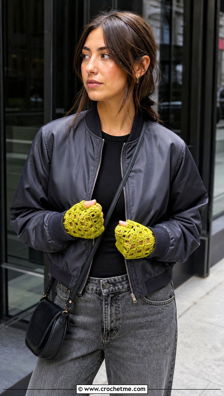 Tunisian Lace Crochet Gloves With Bomber Jacket - 25 lace crochet gloves outfit ideas