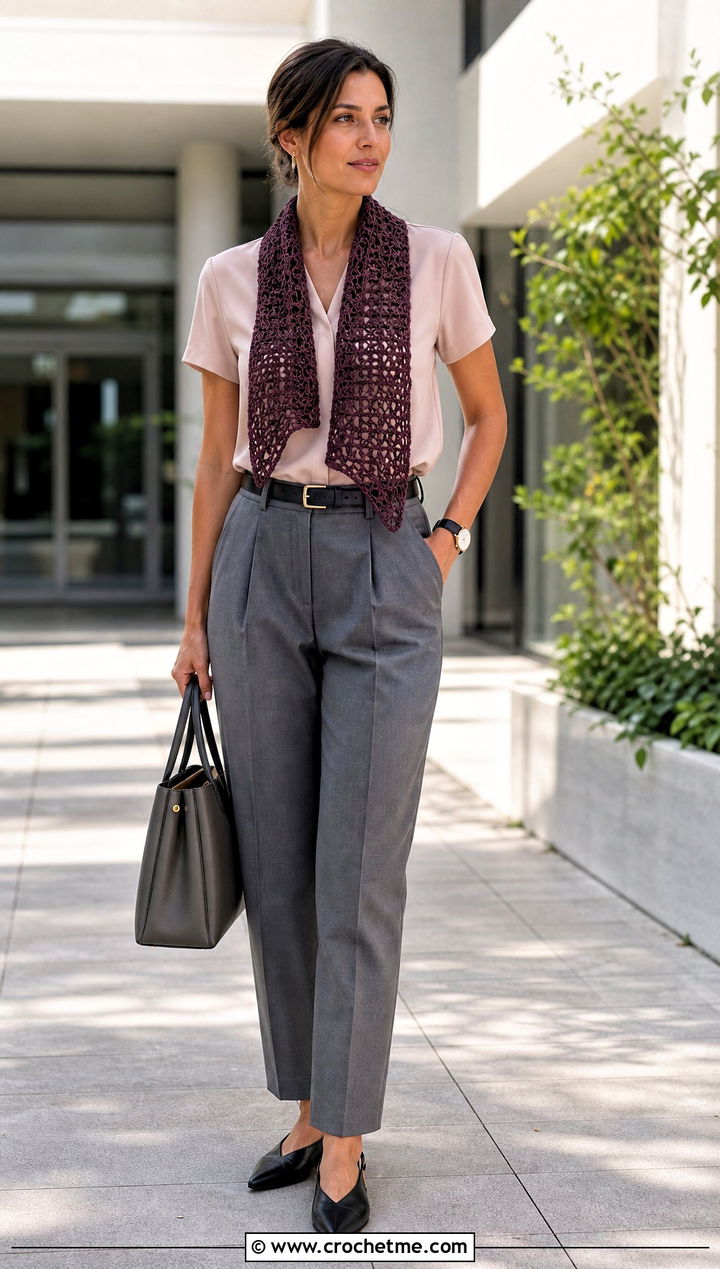 Tunisian Lace Crochet Scarf With Blouse And Pleated Trousers - 35 summer crochet scarf outfit ideas