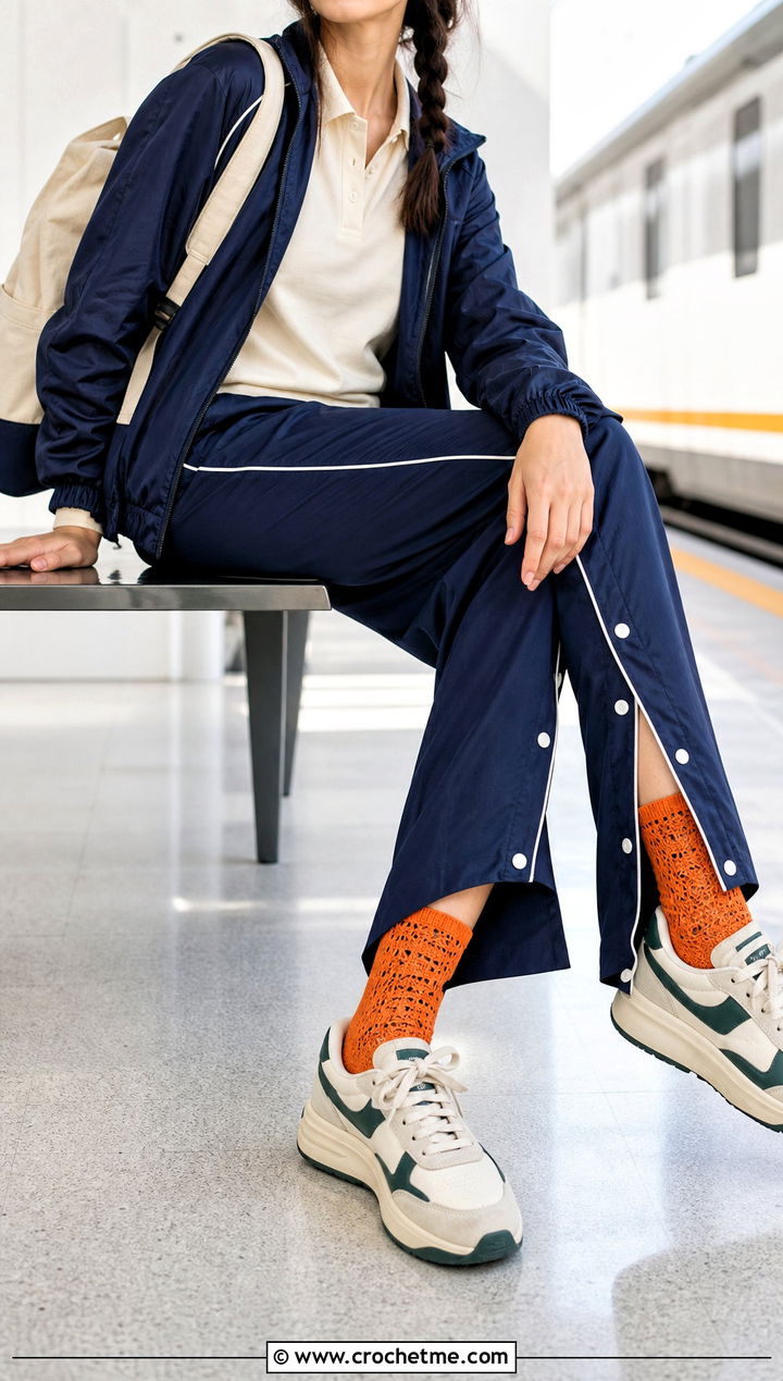 Tunisian Lace Crochet Socks With Retro Sneakers And Track Pants - 25 Crochet Lace Socks outfit ideas