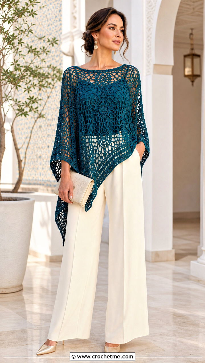 Tunisian Lace Poncho With Wide Leg Trousers - 30 tunisian crochet poncho outfit ideas
