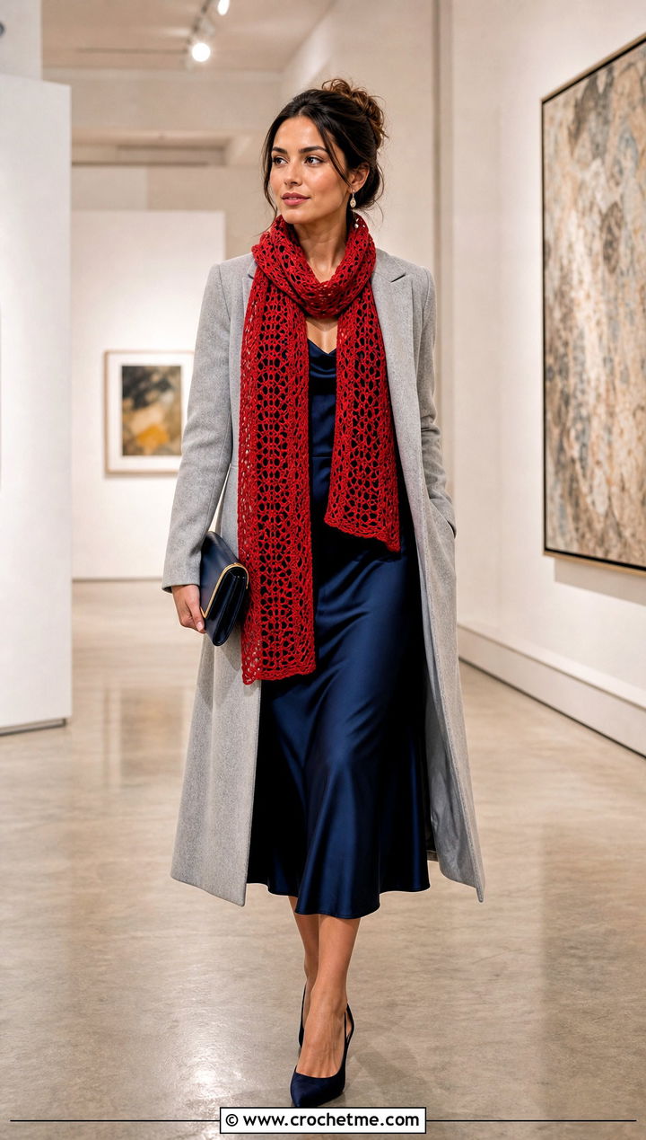 Tunisian Lace Stitch Scarf With Satin Midi Dress - 35 tunisian crochet scarf outfit ideas