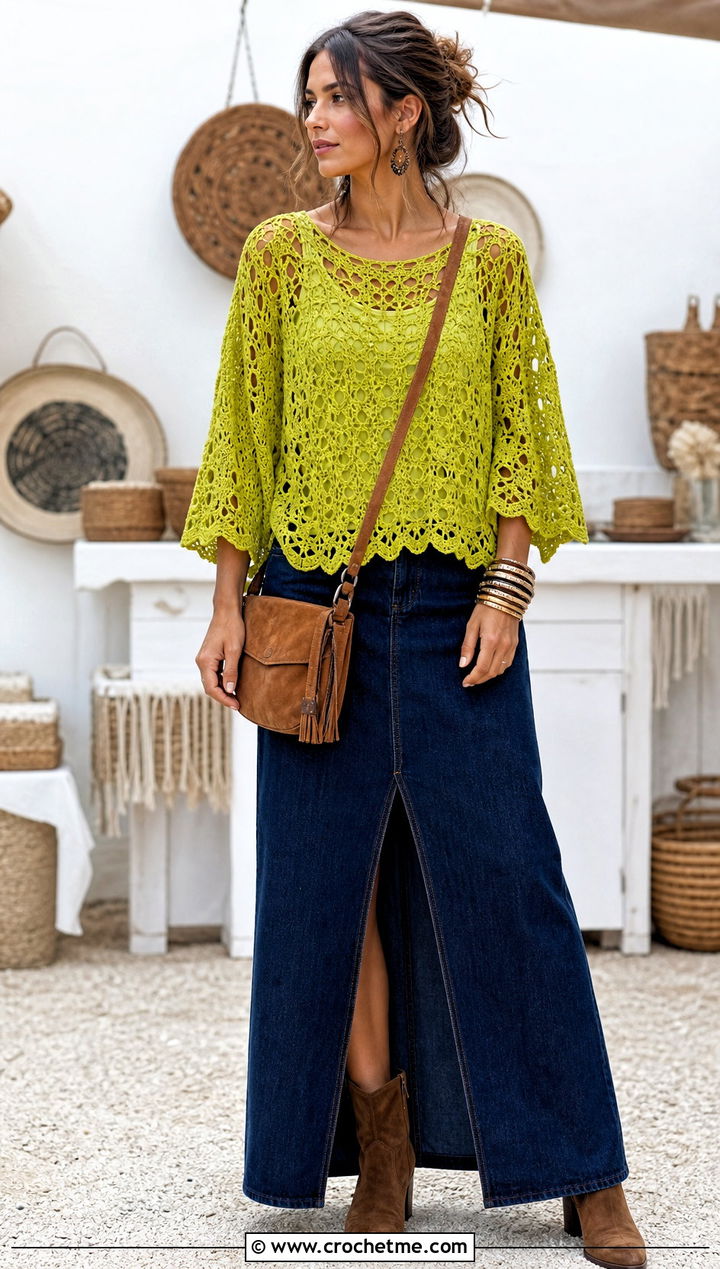 Tunisian Lace Top With Denim Maxi Skirt - 30 tunisian crochet top outfit ideas