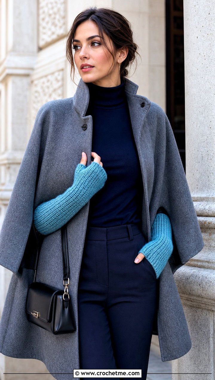 Tunisian Long Cuff Fingerless Gloves With Cape Coat - 25 tunisian crochet fingerless gloves outfit ideas