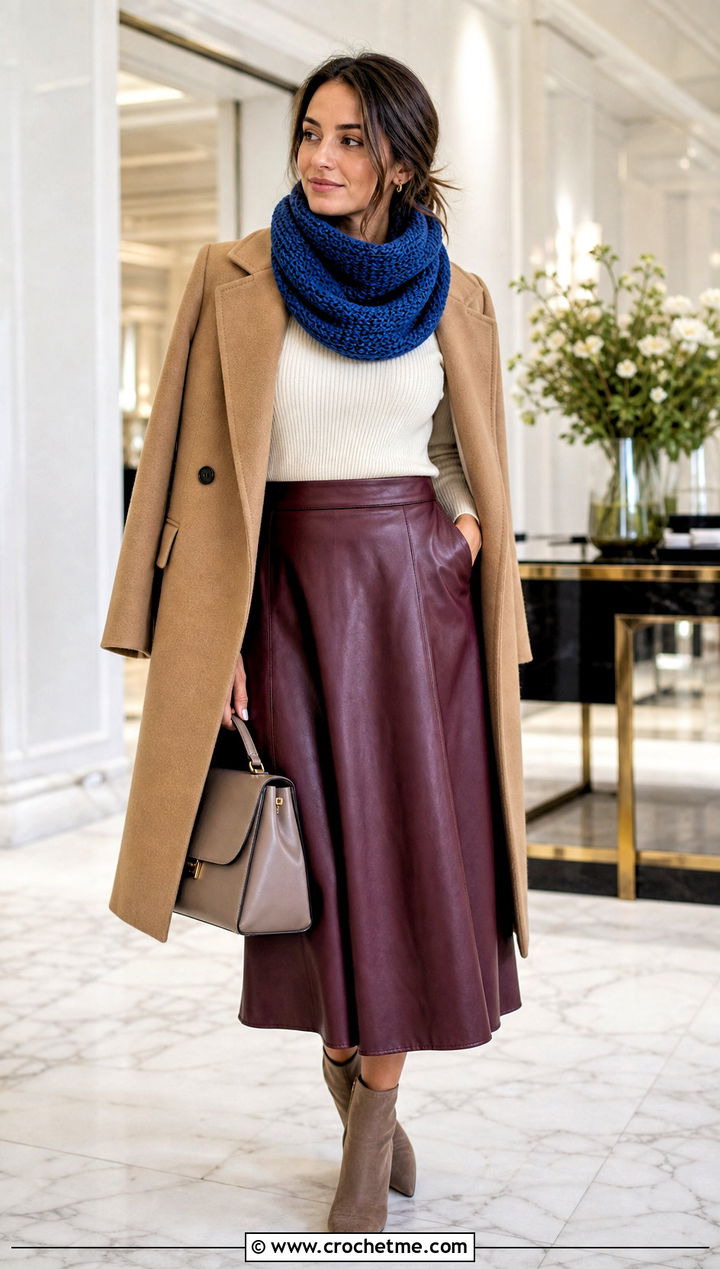 Tunisian Look Crochet Turtleneck Cowl With Leather Skirt - 25 Crochet Turtleneck Cowl outfit ideas