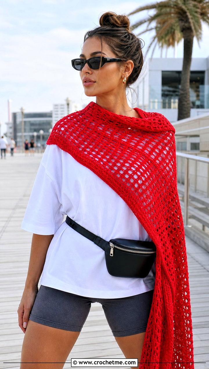 Tunisian Mesh Crochet Beach Shawl With Streetwear Outfit - 25 crochet beach shawl outfit ideas