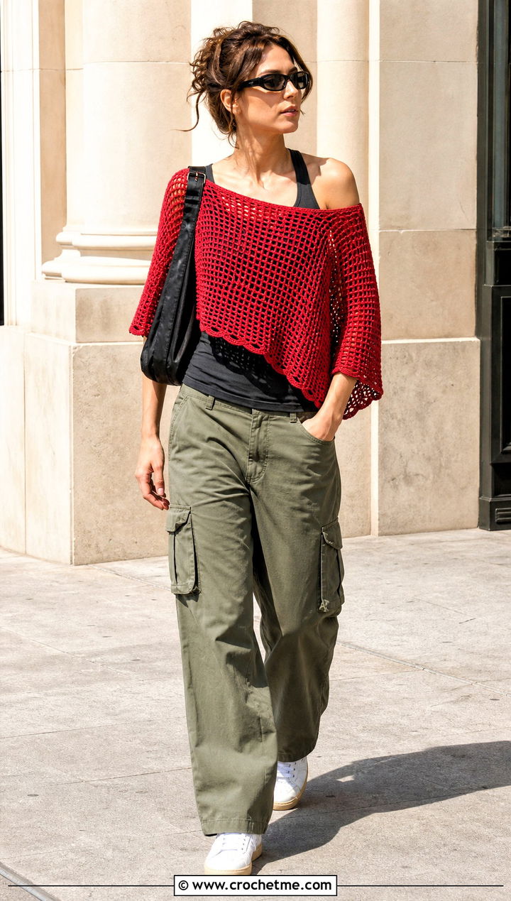 Tunisian Mesh Crochet Summer Poncho With Cargo Pants - 35 crochet summer poncho outfit ideas
