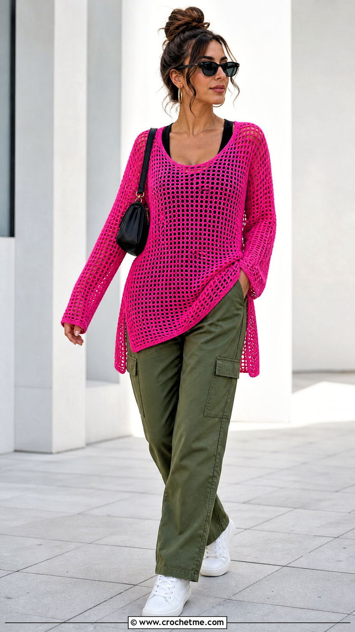 Tunisian Mesh Crochet Tunic With Cargo Pants - 35 crochet tunic outfit ideas