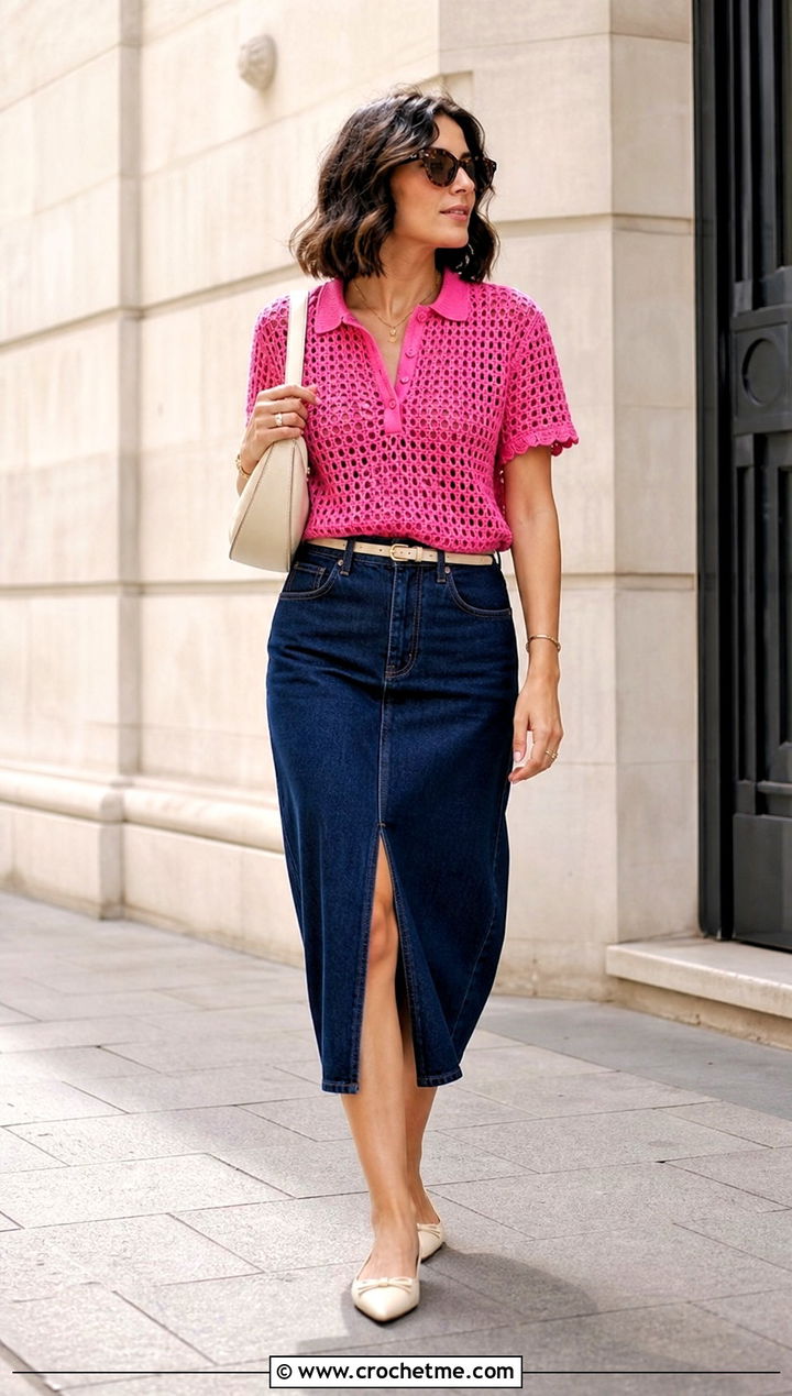 Tunisian Mesh Polo Top With Denim Midi Skirt - 20 Tunisian Crochet Clothing and outfit ideas