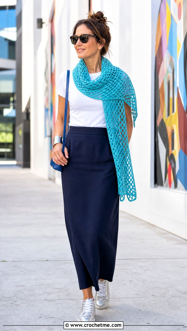 Tunisian Mesh Scarf With T Shirt And Column Skirt - 35 tunisian crochet scarf outfit ideas
