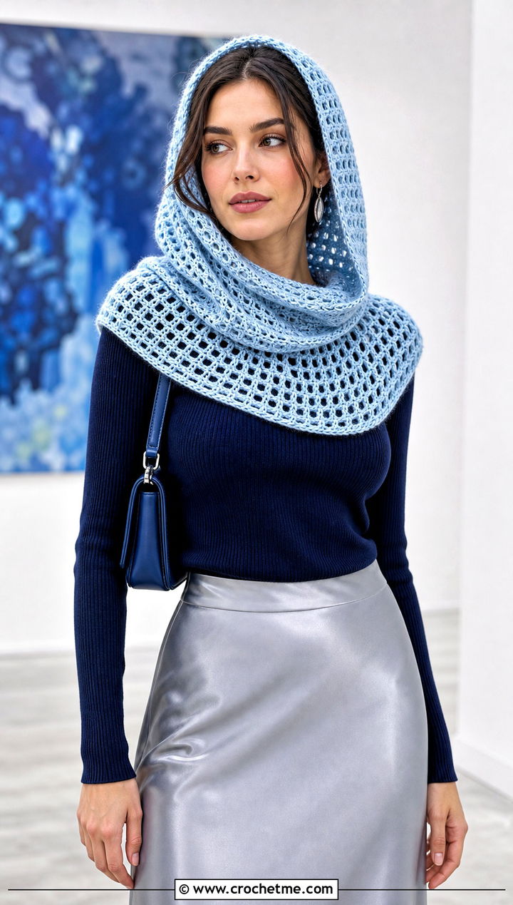 Tunisian Mesh Stitch Hooded Cowl With Satin Skirt - 15 Tunisian Crochet Hooded Cowl outfit ideas