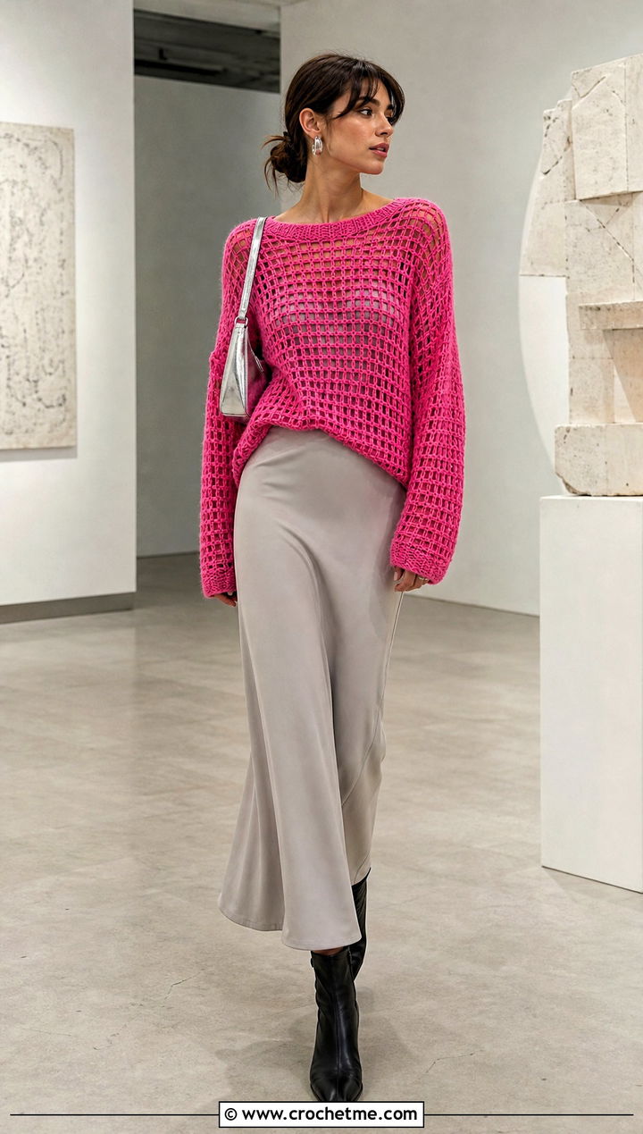 Tunisian Mesh Sweater With Slip Dress - 35 tunisian crochet sweater outfit ideas