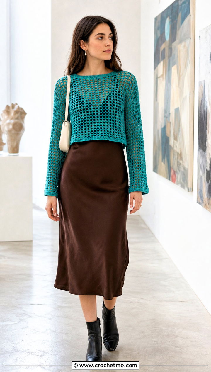 Tunisian Mesh Top Over Slip Dress - 30 tunisian crochet top outfit ideas
