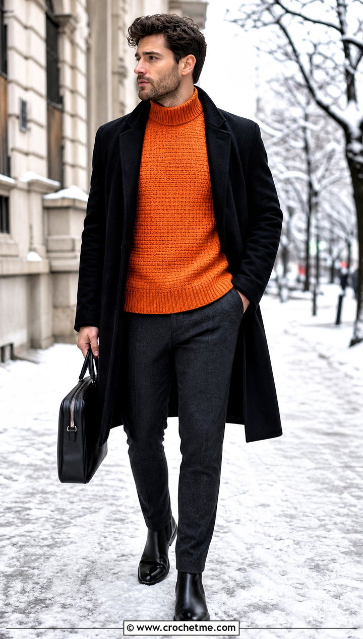 Tunisian Mock Neck Sweater With Wool Pants - 15 Tunisian Crochet Mens Sweater outfit ideas