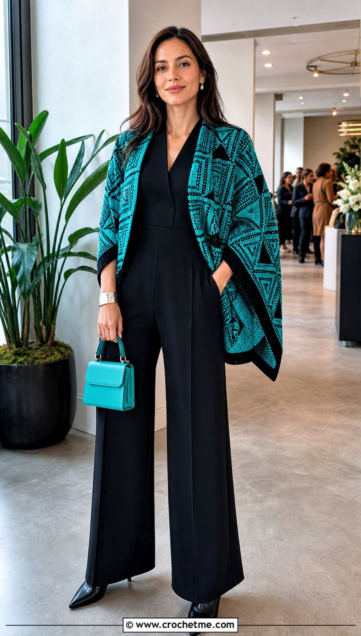 Tunisian Mosaic Shawl With Black Jumpsuit - 35 tunisian crochet shawl outfit ideas