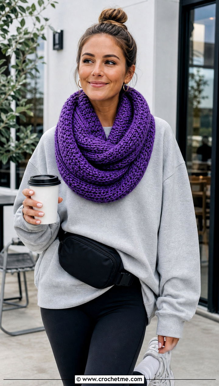 Tunisian Moss Stitch Infinity Scarf With Sweatshirt And Leggings - 15 Tunisian Crochet Infinity Scarf outfit ideas