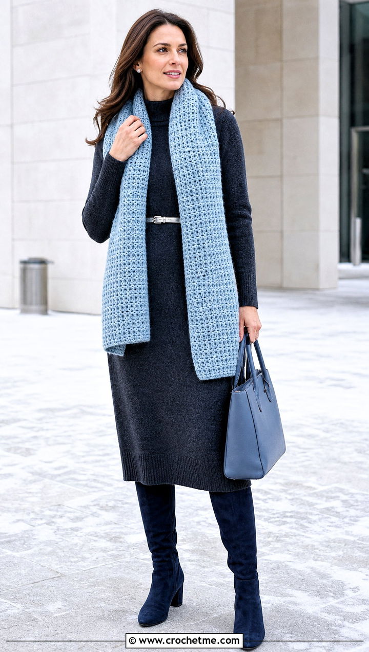 Tunisian Moss Stitch Scarf With Sweater Dress - 35 tunisian crochet scarf outfit ideas