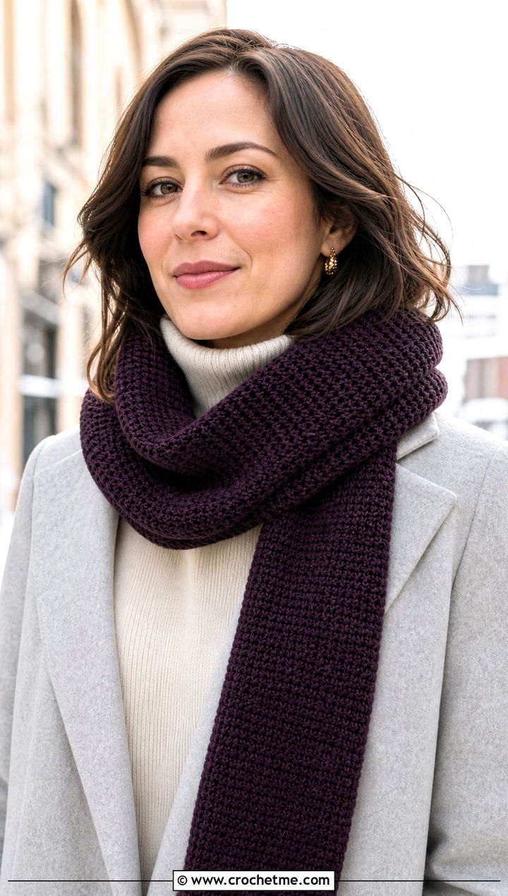 Tunisian Narrow Crochet Scarf With Wool Coat - 25 Narrow Crochet Scarf outfit ideas