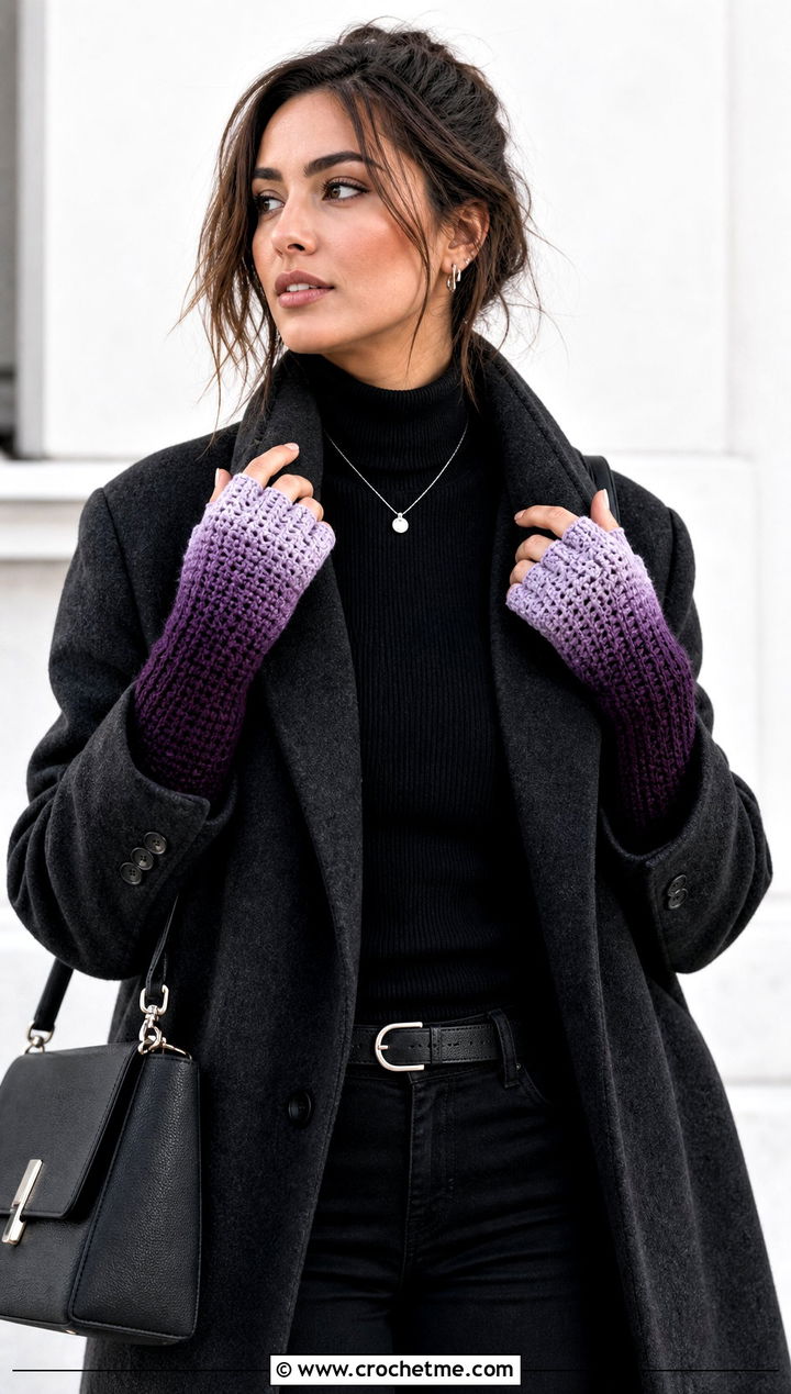 Tunisian Ombre Fingerless Gloves With Monochrome Outfit - 25 tunisian crochet fingerless gloves outfit ideas