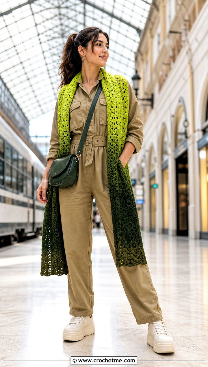 Tunisian Ombre Scarf With Utility Jumpsuit - 35 tunisian crochet scarf outfit ideas
