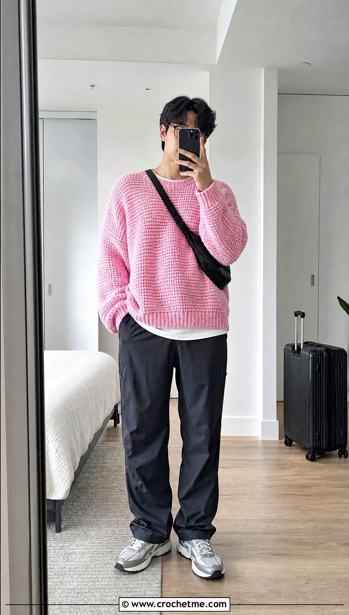 Tunisian Oversized Drop Shoulder Sweater With Track Pants - 15 Tunisian Crochet Mens Sweater outfit ideas