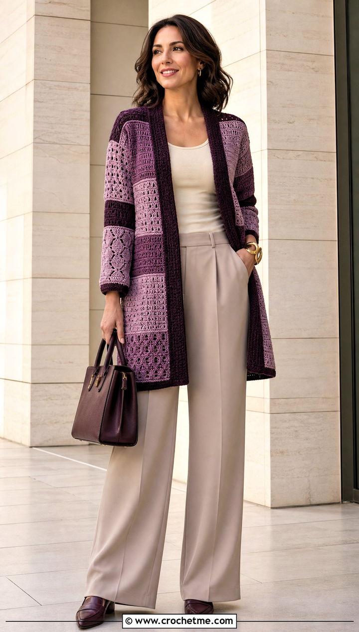 Tunisian Patchwork Cardigan With Wide Leg Trousers - 30 crochet patch work cardigan outfit ideas