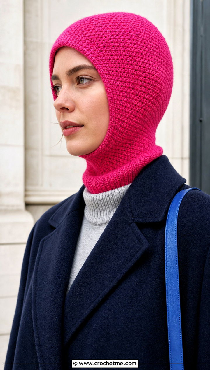 Tunisian Pink Crochet Balaclava With Longline Coat - 25 Pink Crochet Balaclava outfit ideas