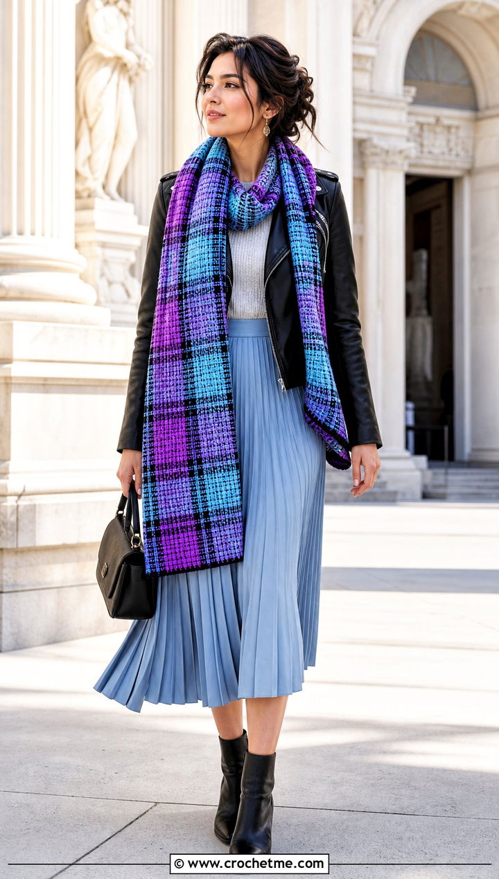 Tunisian Plaid Scarf With Moto Jacket And Pleated Skirt - 35 tunisian crochet scarf outfit ideas
