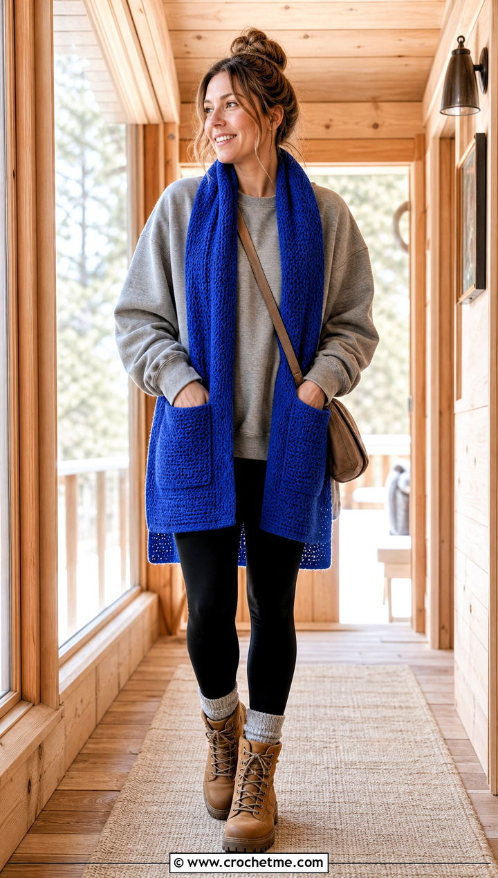 Tunisian Pocket Scarf With Sweater And Leggings - 35 tunisian crochet scarf outfit ideas