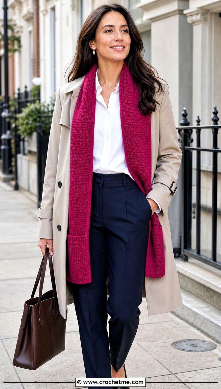 Tunisian Pocket Scarf With Trench Coat - 25 crochet pocket scarves outfit ideas