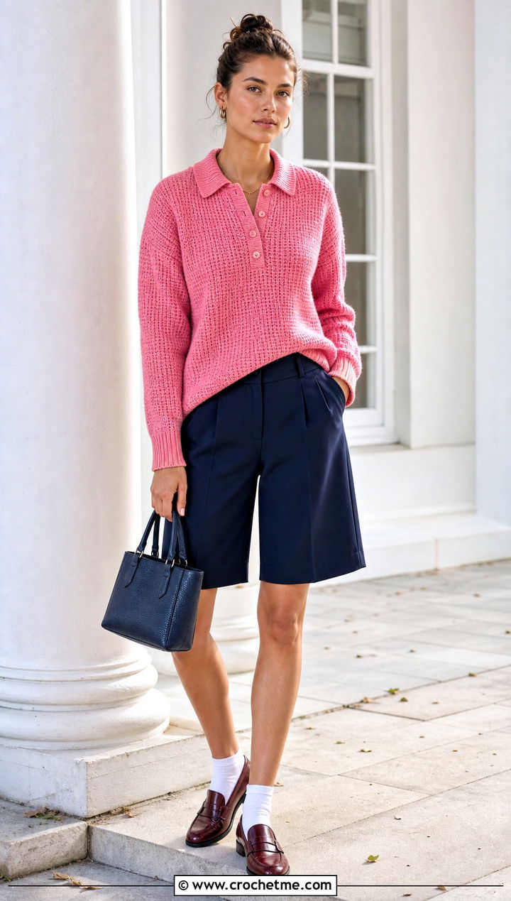 Tunisian Polo Sweater With Tailored Shorts - 35 tunisian crochet sweater outfit ideas