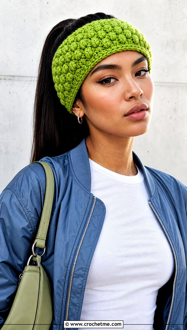 Tunisian Puff Stitch Headband With Bomber Jacket - 30 tunisian crochet headband outfit ideas