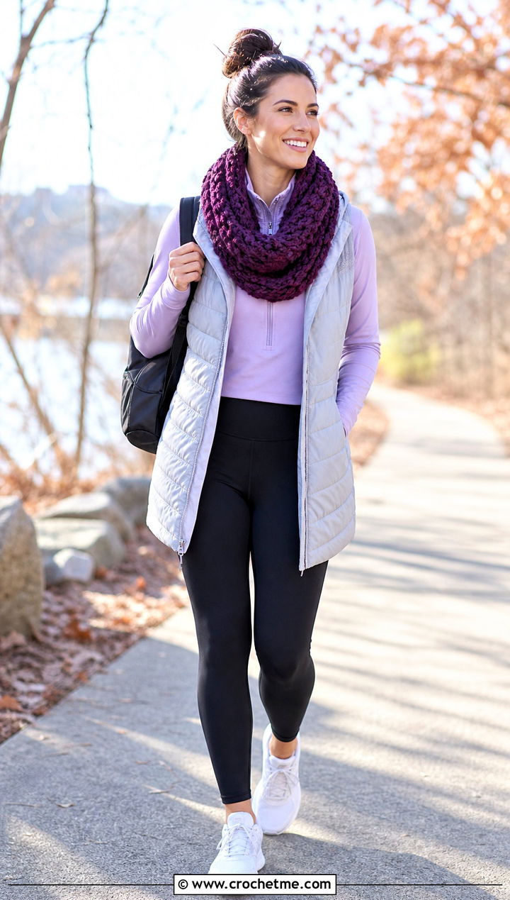 Tunisian Puff Stitch Infinity Scarf With Athleisure - 35 tunisian crochet scarf outfit ideas