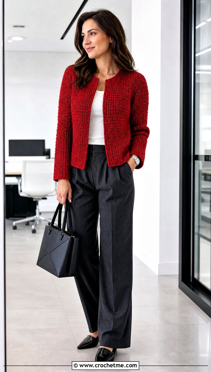 Tunisian Purl Stitch Cardigan With Pinstripe Pants - 35 tunisian crochet cardigan outfit ideas